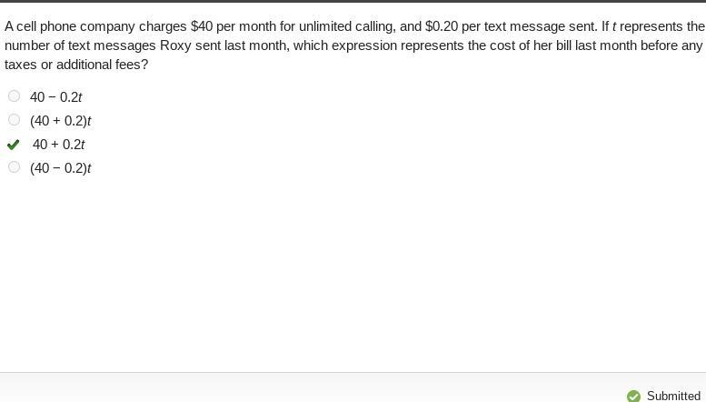 A cell phone company charges $40 per month for unlimited calling, and $0.20 per text-example-1