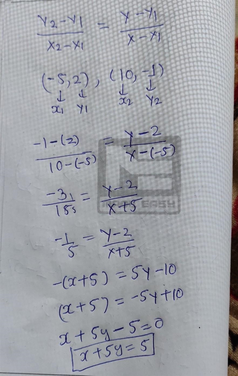 A line passes through the points (-5,2) and (10,-1) which is the equation of the line-example-1