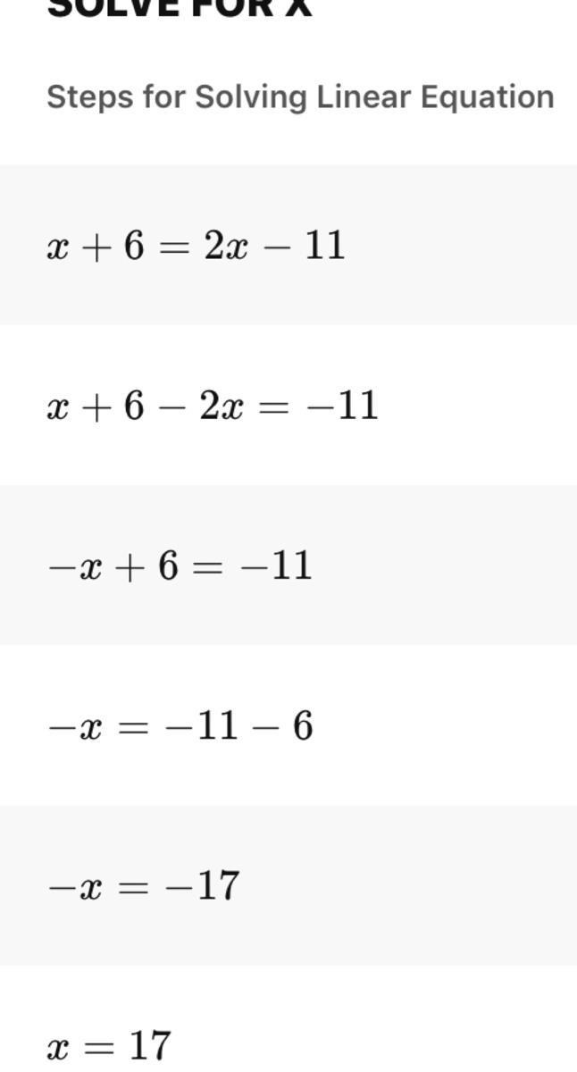 X + 6 = 2x -11 please show work​-example-1