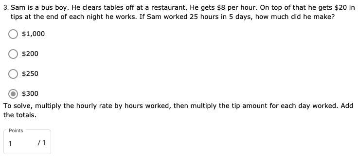 Sam is a bus boy. He clears tables off at a restaurant. He gets $8 per hour. On top-example-1