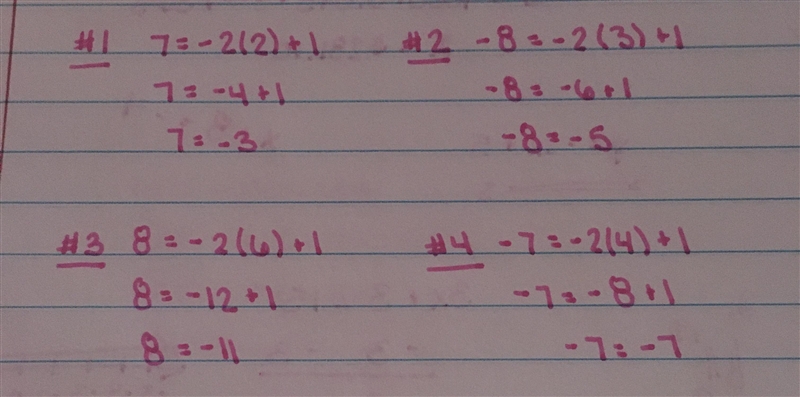 Which point is on the graph of y = -2x + 1? Question options: (2, 7) (3, -8) (6, 8) (4, -7)-example-1