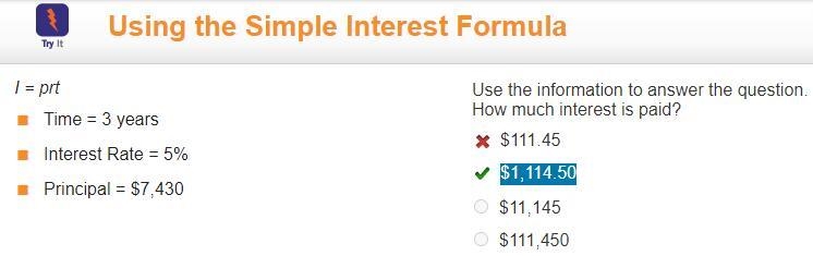 Time = 3 years Interest Rate = 5% Principal = $7,430 How much interest is paid? A-example-1