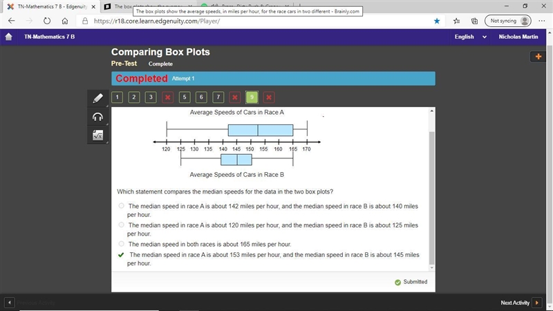 The box plots show the average speeds, in miles per hour, for the race cars in two-example-1