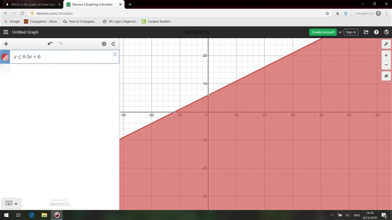 Which is the graph of linear inequality x – 2y ≥ –12? On a coordinate plane, a dashed-example-1