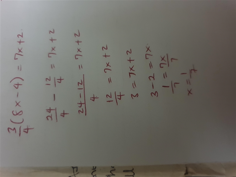 Can you solve 3/4(8x-4)=7x+2-example-1