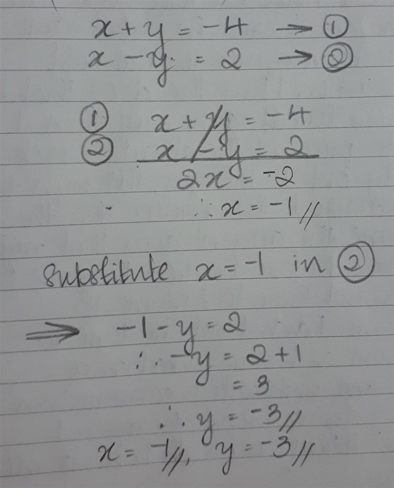 Solve by elimination PLEASE x+y=-4 x-y=2-example-1