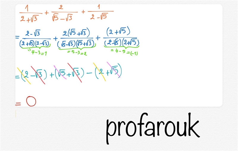 PROVE STEP BY STEP (1)/(2+√(3) ) +(2)/(√(5)-√(3) )+(1)/(2-√(5) ) } = 0<img src-example-1