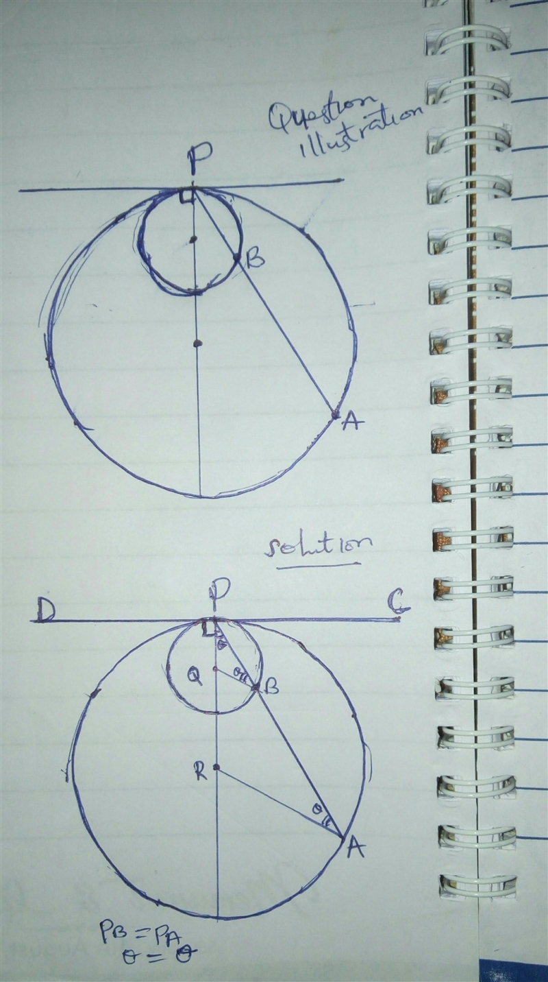 Prove: If two circles are tangent internally at point P and chord PA of the larger-example-1