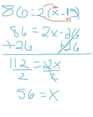 Angle 1 is vertical to Angle 2. Angle 1 =94, Angle 2 = 2(x-13), Find the value of-example-1