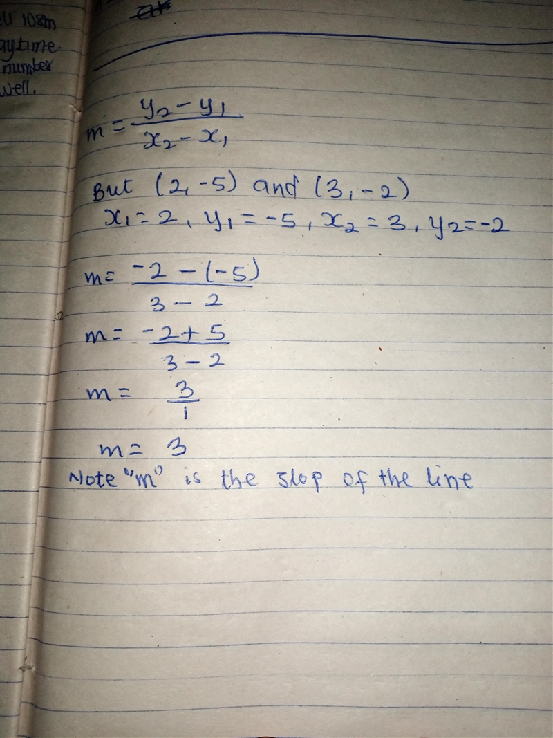 Find the slope of the line that goes through the points (2, -5) and (3, -2)-example-1