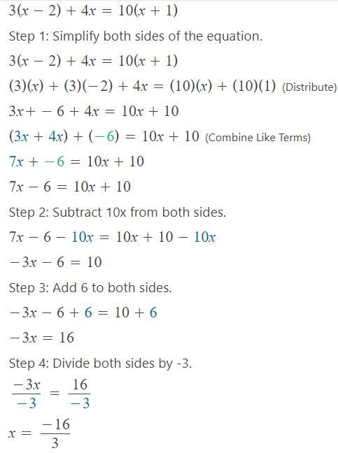 This equation has one solution. 3(x – 2) + 4x = 10(x + 1) What is the solution? A-example-1