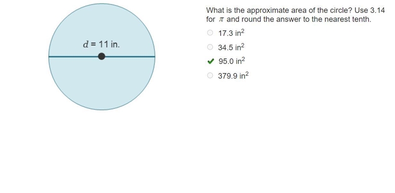 A circle with diameter 11 inches. What is the approximate area of the circle? Use-example-1