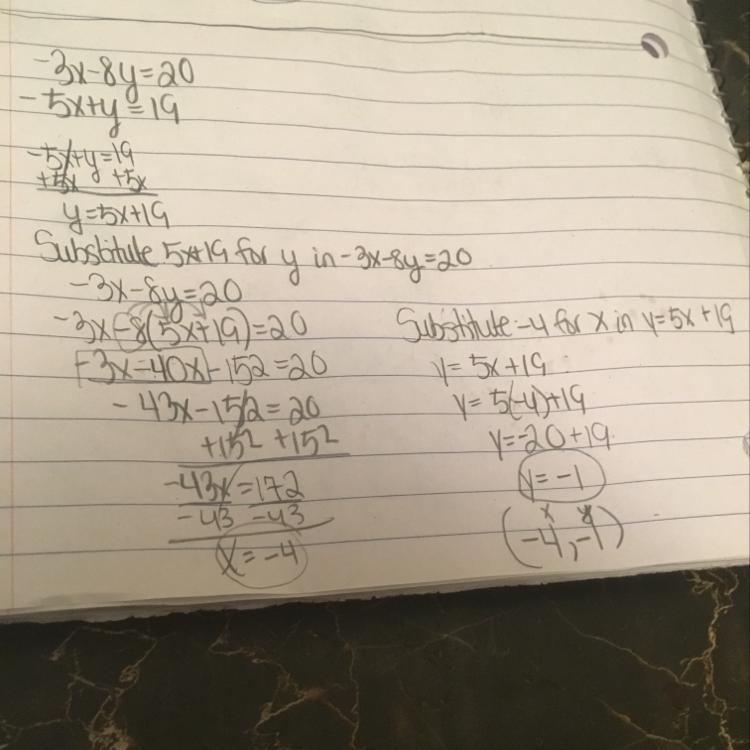 -3x-8y=20, -5x+y=19 solve using substitution-example-1