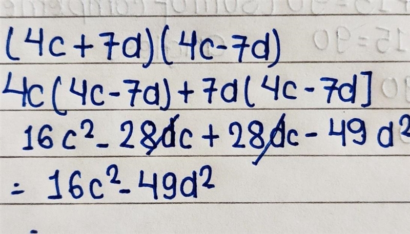 Product of a sum and difference (4c+7d)(4c-7d)-example-1