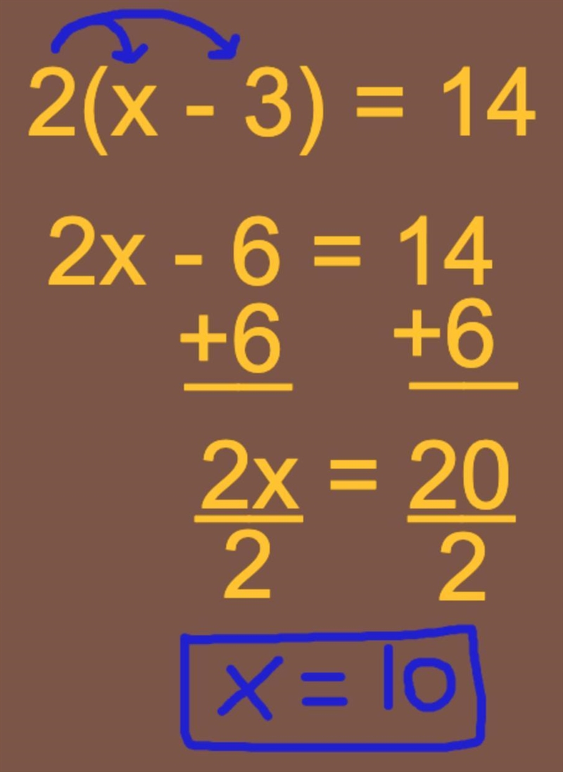 What does x equal 2(x-3)=14-example-1