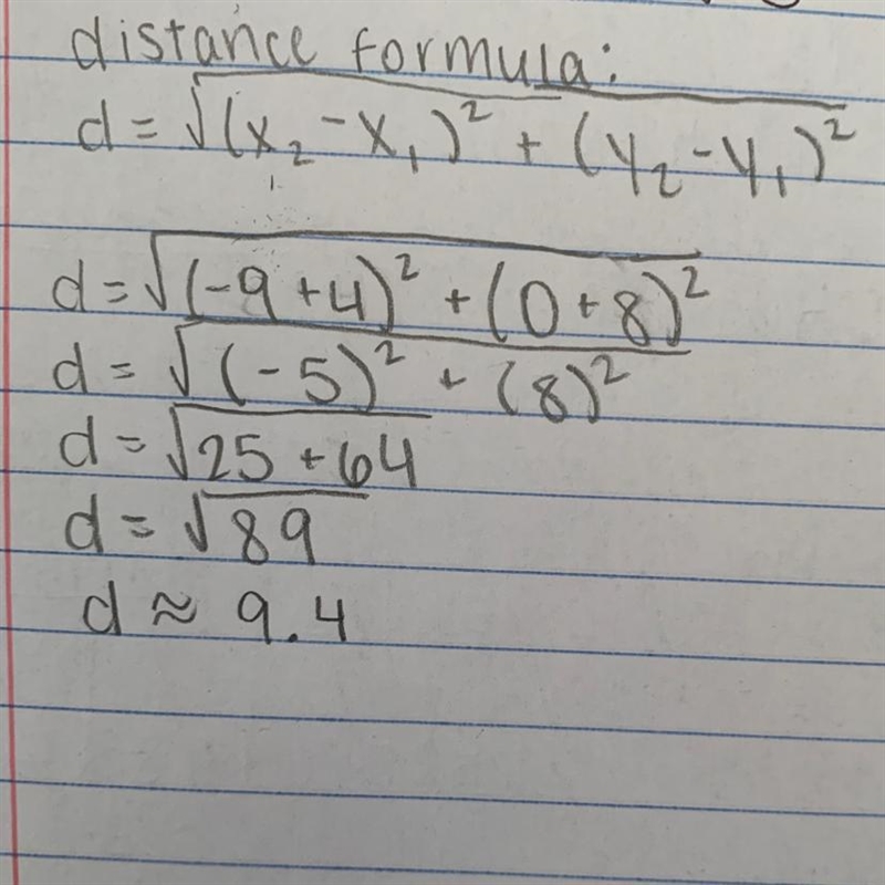 Given: Points A(-4,-8) and B(-9,0) d = (x2 – x1)2 + (y2 – yı)2 MATHguide.com Problem-example-1