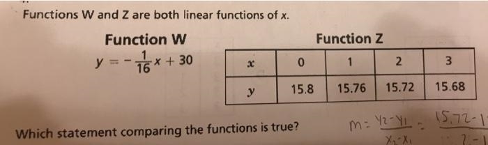 Functions W and Z are both linear functions of x. Function z Function W x + 30 15.8 15.76 15.72 15.68 Which-example-1