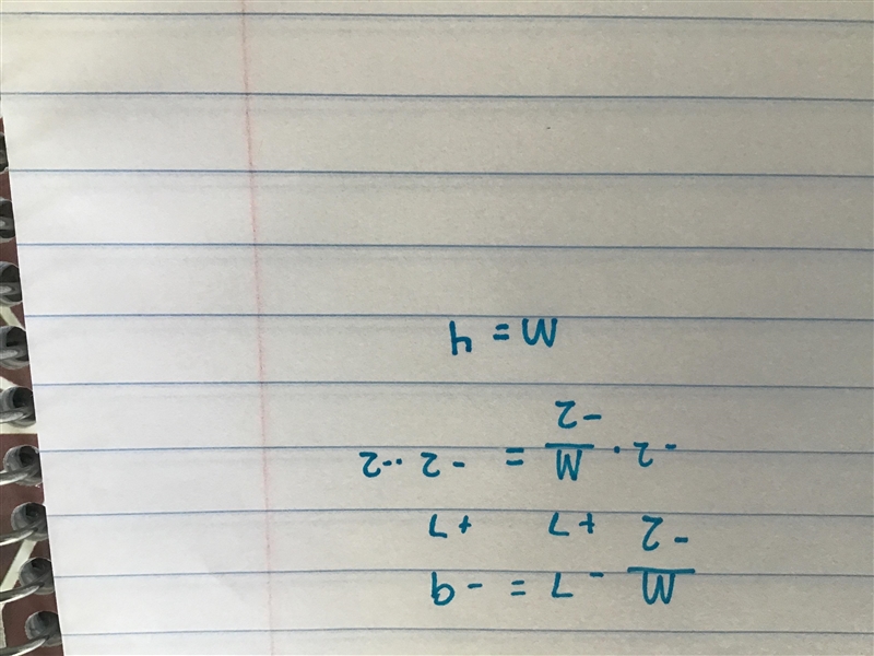 Which of the following number lines represents the solution to m/-2 - 7 = -9?-example-1