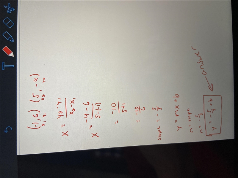 Find an equation for the line that passes through the points (-1,6) and (5,-4) .-example-1