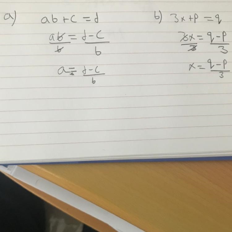 Solve for a in terms of b, c, and d: ab+c=d Solve for x in terms of p and q: 3x + p-example-1