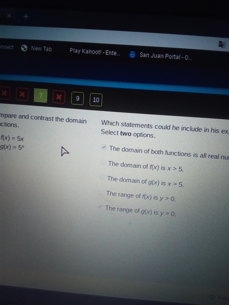 Keshawn is asked to compare and contrast the domain and range for the two functions-example-1