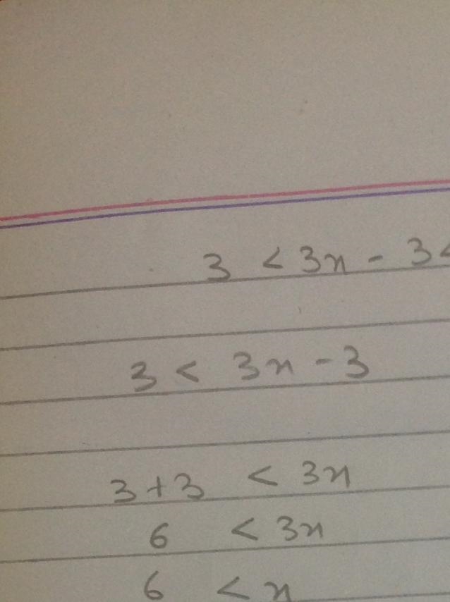 Solve the inequality algebraically 3<3x-3<9-example-1