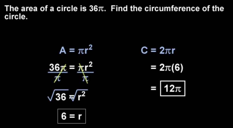 If the area of a circle is 36 pi what would the circumference of the circle be?-example-1