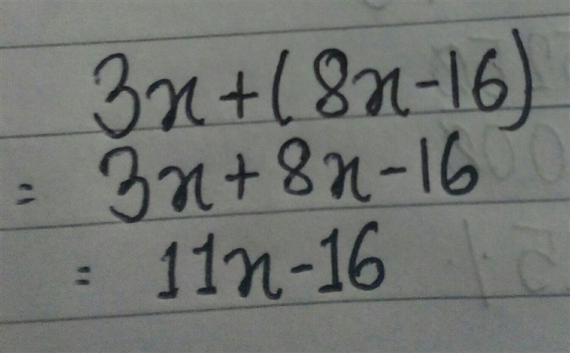 What is the simplified form of this expression? 3x + (8x − 16) A. -5x − 16 B. 11x-example-1