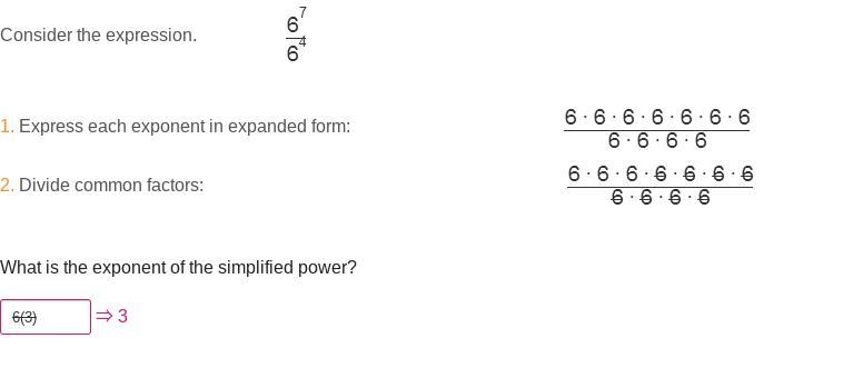 Consider the expression. StartFraction 6 Superscript 7 Over 6 Superscript 4 EndFraction-example-1