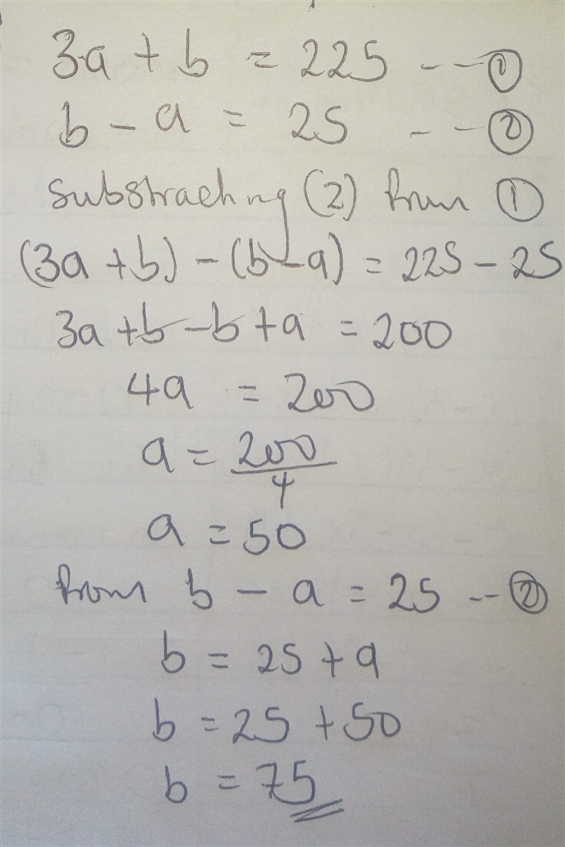 Solve. 3a + b = 225 b-a = 25 a = 50 b = 75 a = -50 b = -75 a = 100 b = 125 a = 62.5 b-example-1