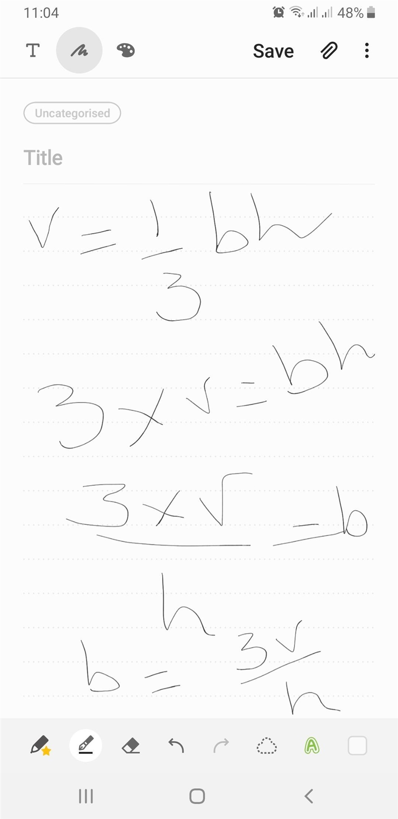 Solve v = 1/3bh for b-example-1