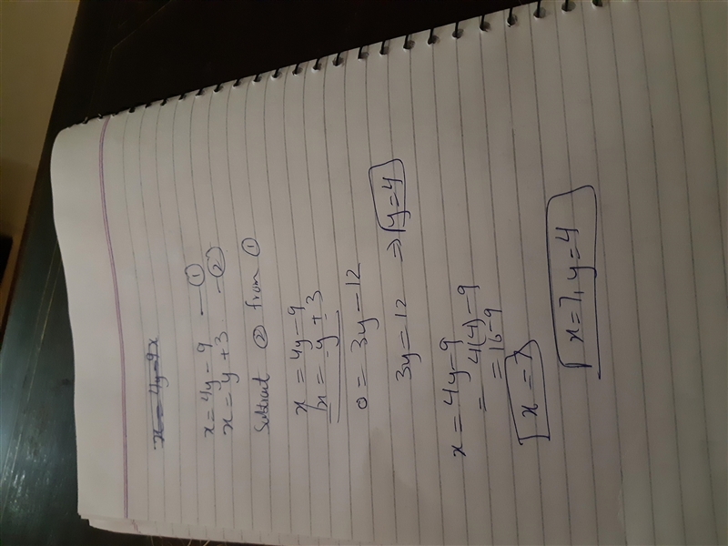 X equal 4y-9 x equal y plus 3-example-1