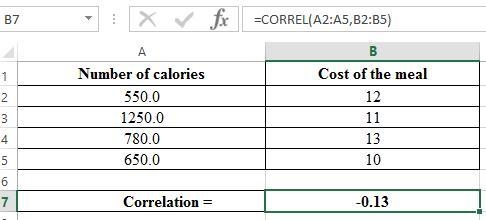 The table shows the number of calories in four meals and the cost of each meal. A-example-1