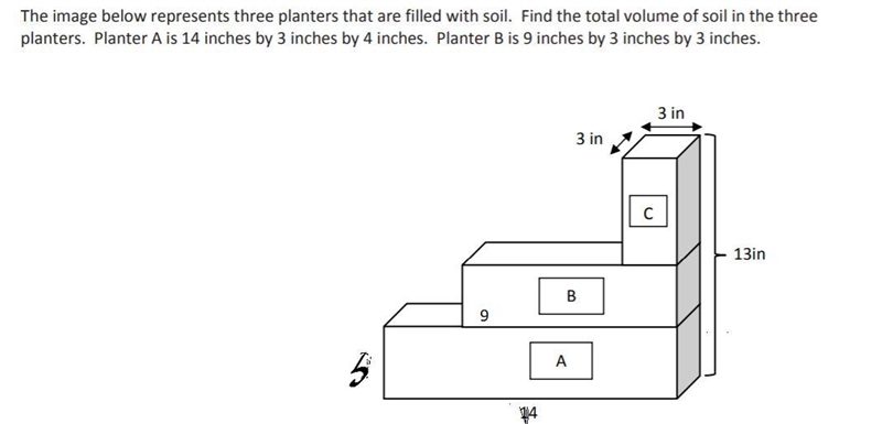 The image below represents three planters that are filled with soil. Find the total-example-1