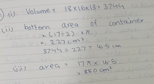 An Open rectangular tank of length 18 cm and breadth 16 cm contains water to a depth-example-1