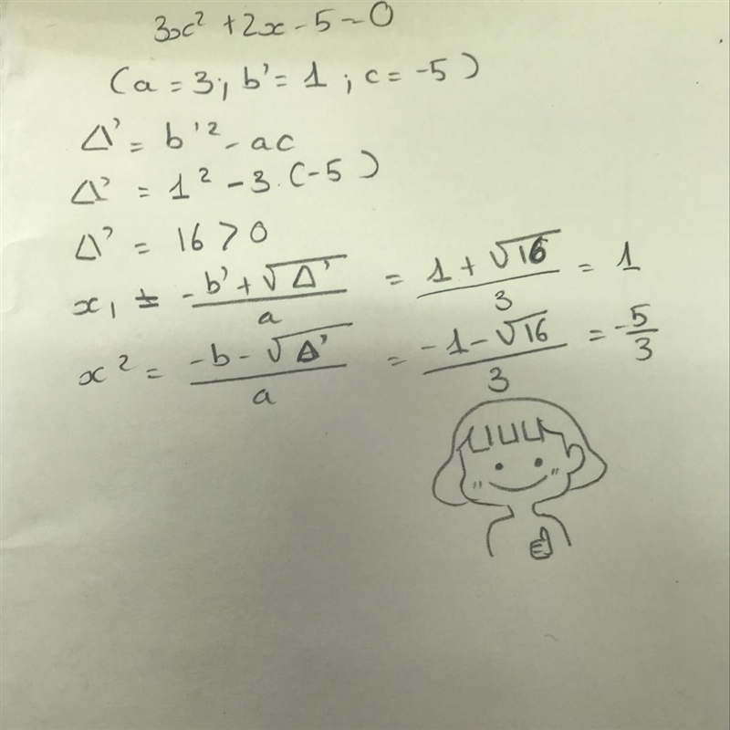 What is the solution to 3x^2+2x-5=0? Please help please show your work-example-1