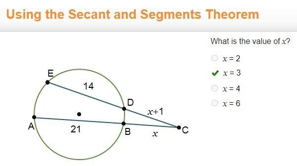 Using the Secant and Segments Theorem What is the value of x? x = 2 x = 3 x = 4 x-example-1