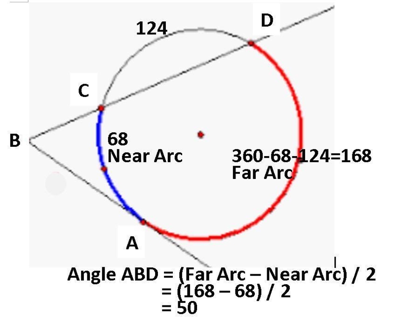 Suppose on a circle that ∠ABD is formed by a tangent and a secant intersecting outside-example-1