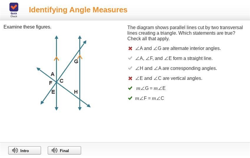 The diagram shows parallel lines cut by two transversal lines creating a triangle-example-1