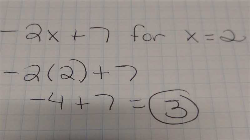 Show me how to the answer for this problem -2x+7 for x=2-example-1