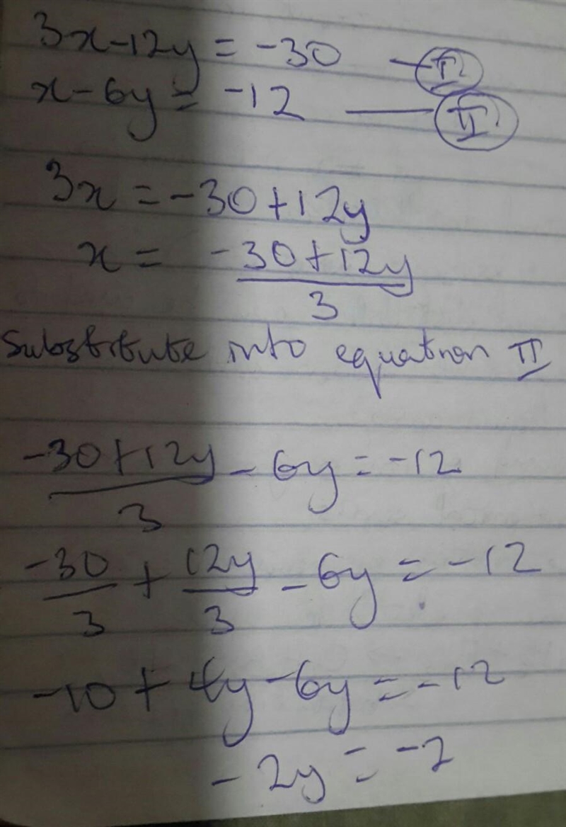 3x - 12y = -30 and x - 6y = -12-example-1