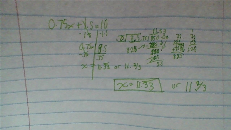 What is the solution for 0.75x + 1.5 =10?-example-1