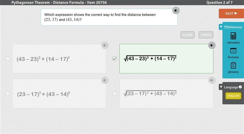 Which expression shows the correct way to find the distance between (23,17) and (43,14)? ( TTM-example-1