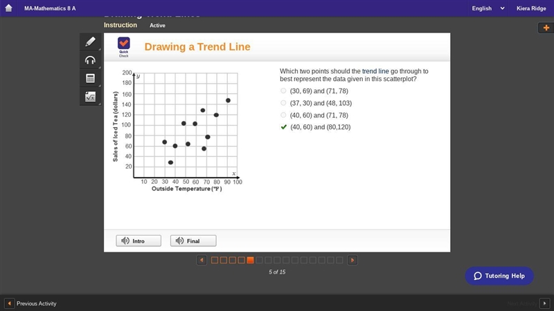 A graph has outside Temperature (degrees Fahrenheit) on the x-axis, and sales of iced-example-1