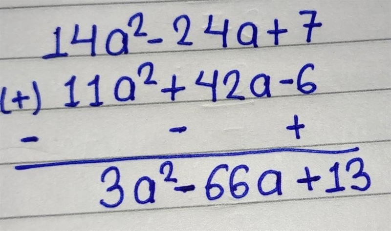 Subtract: 11a2 + 42a - 6 from 14a 2 - 24a + 7.-example-1