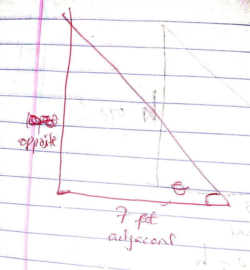 If a bird is on the ground, 7 ft away from a 10 ft tall tree, then what is the angle-example-1