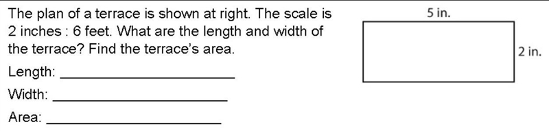 The plan of a terrace is shown at right. The scale is 2 inches : 6 feet. What are-example-1