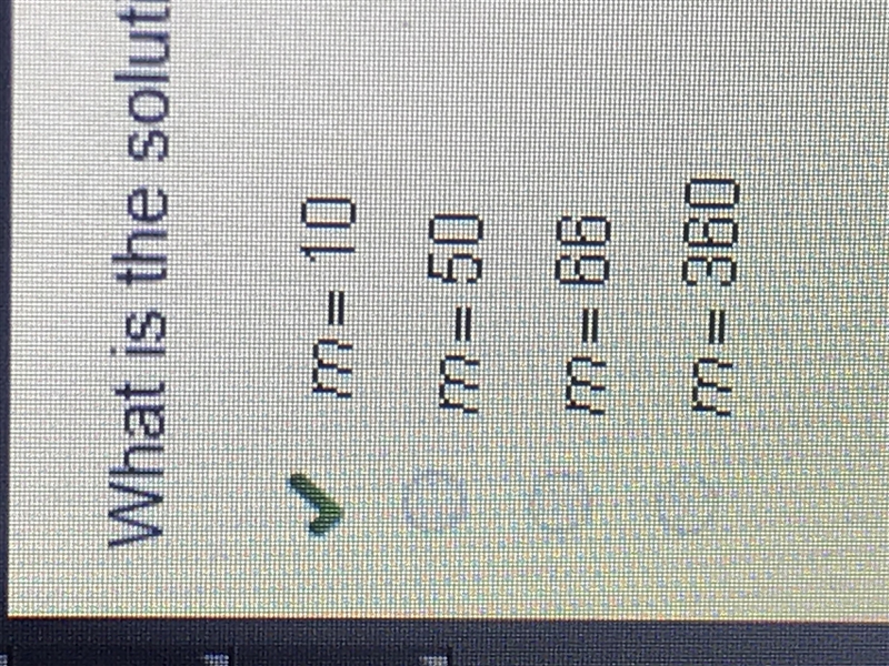 What is the solution to the equation 6m=60 A.M=10 B.M=50 C.M=66 D.M=360-example-1