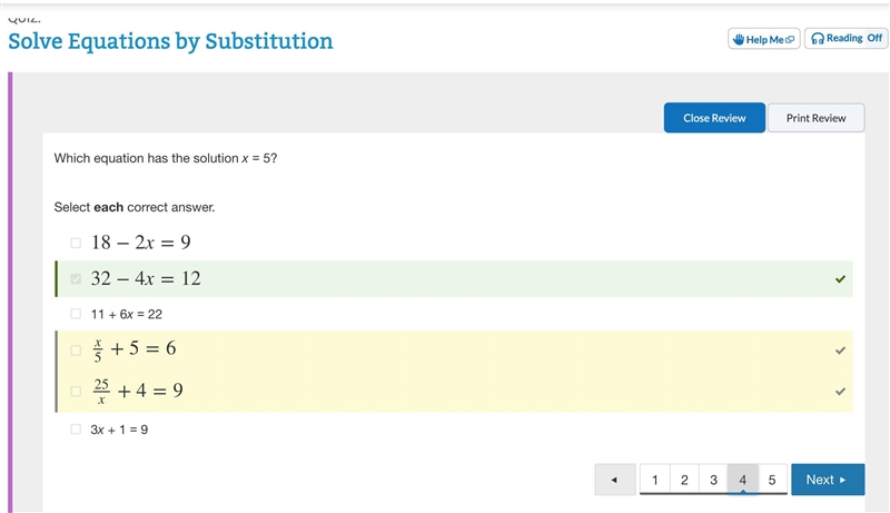 Which equation has the solution x = 5? Select EACH correct answer. 25x+4=9 3x + 1 = 9 x-example-1