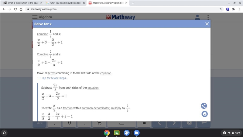 What is the solution to the equation One-half x + 3 = two-thirds x + 1?-example-2